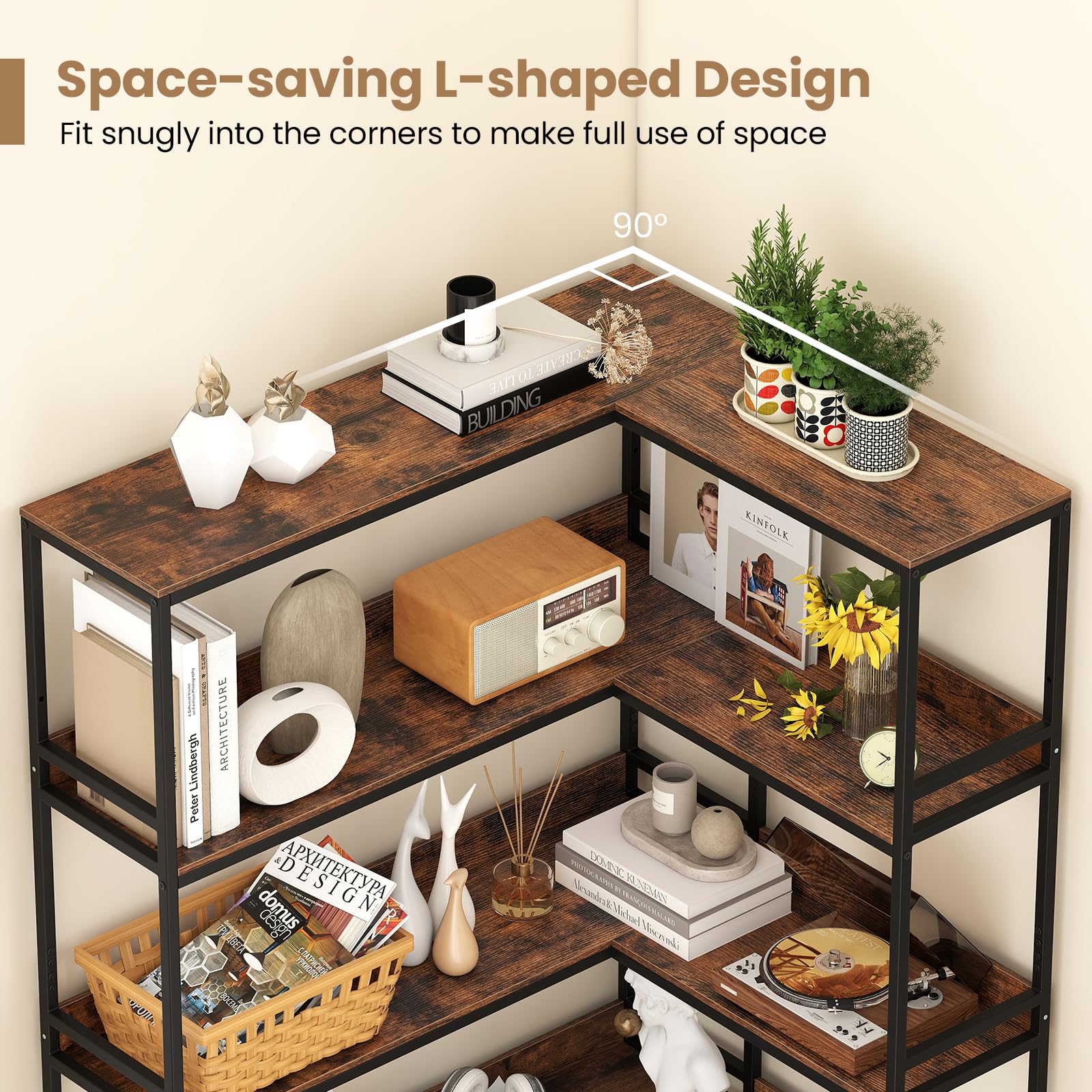 Giantex 5 Tier Corner Bookshelf with Metal Frame for Living Room