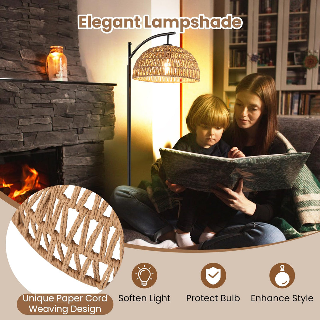 Giantex Boho Floor Lamp with Handwoven Paper Rope Shade Arc Standing Lamp with E26 Socket & Foot Switch