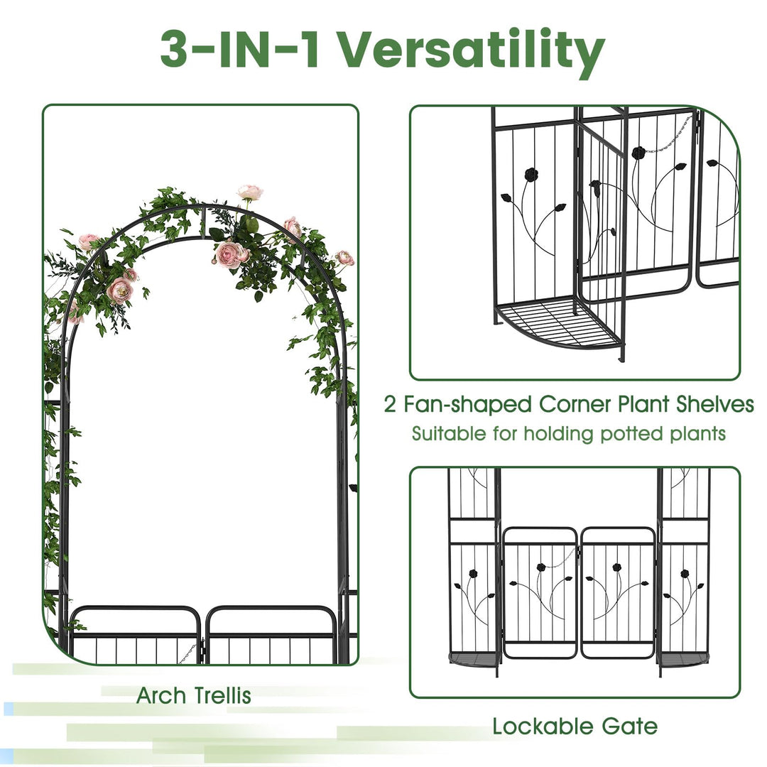 Giantex 87'' Metal Garden Arbor with Lockable Gate and Planter Shelves