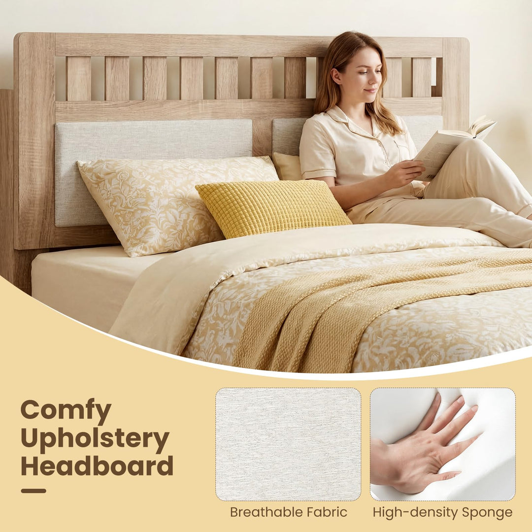 Giantex Mid-Century Wood Bed Frame with Upholstered Headboard (Full/Twin)