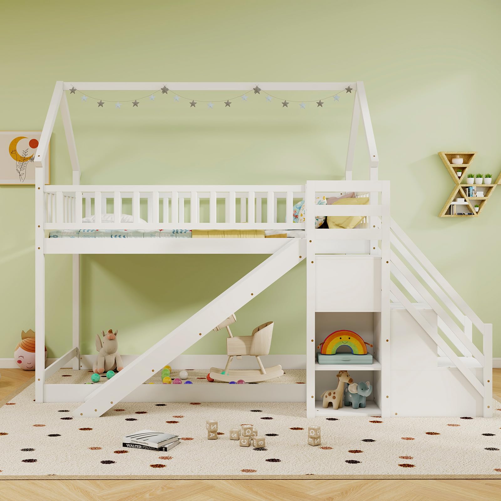 Giantex House Bunk Bed Twin Over Twin with Slide & Stairs, No Box Spring Needed, Twin Floor Bunk Bed for Kids Teens Boys Girls, White