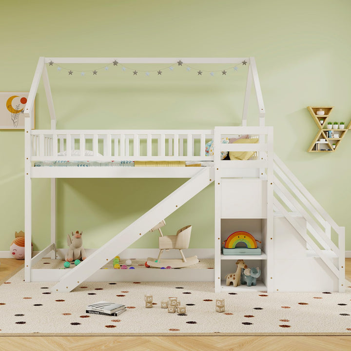 Giantex House Bunk Bed Twin Over Twin with Slide and Stairs