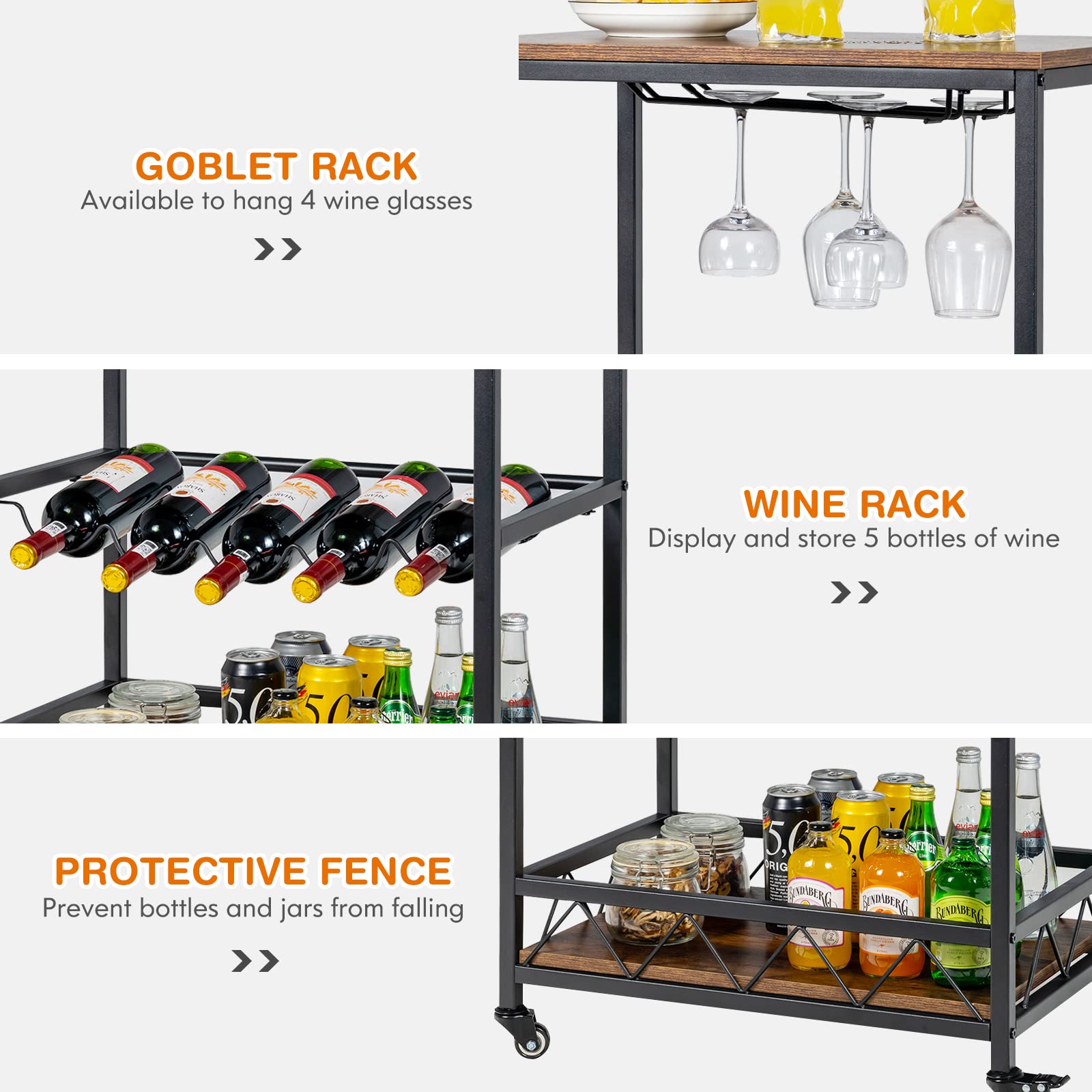 3-Tier Rolling Kitchen Island Cart Industrial Style Trolley Serving Cart