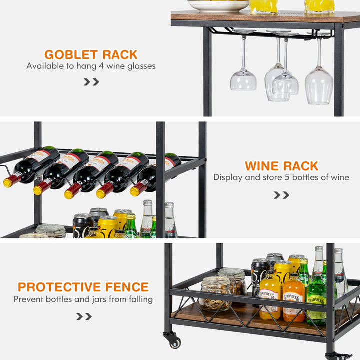 3-Tier Rolling Kitchen Island Cart Industrial Style Trolley Serving Cart