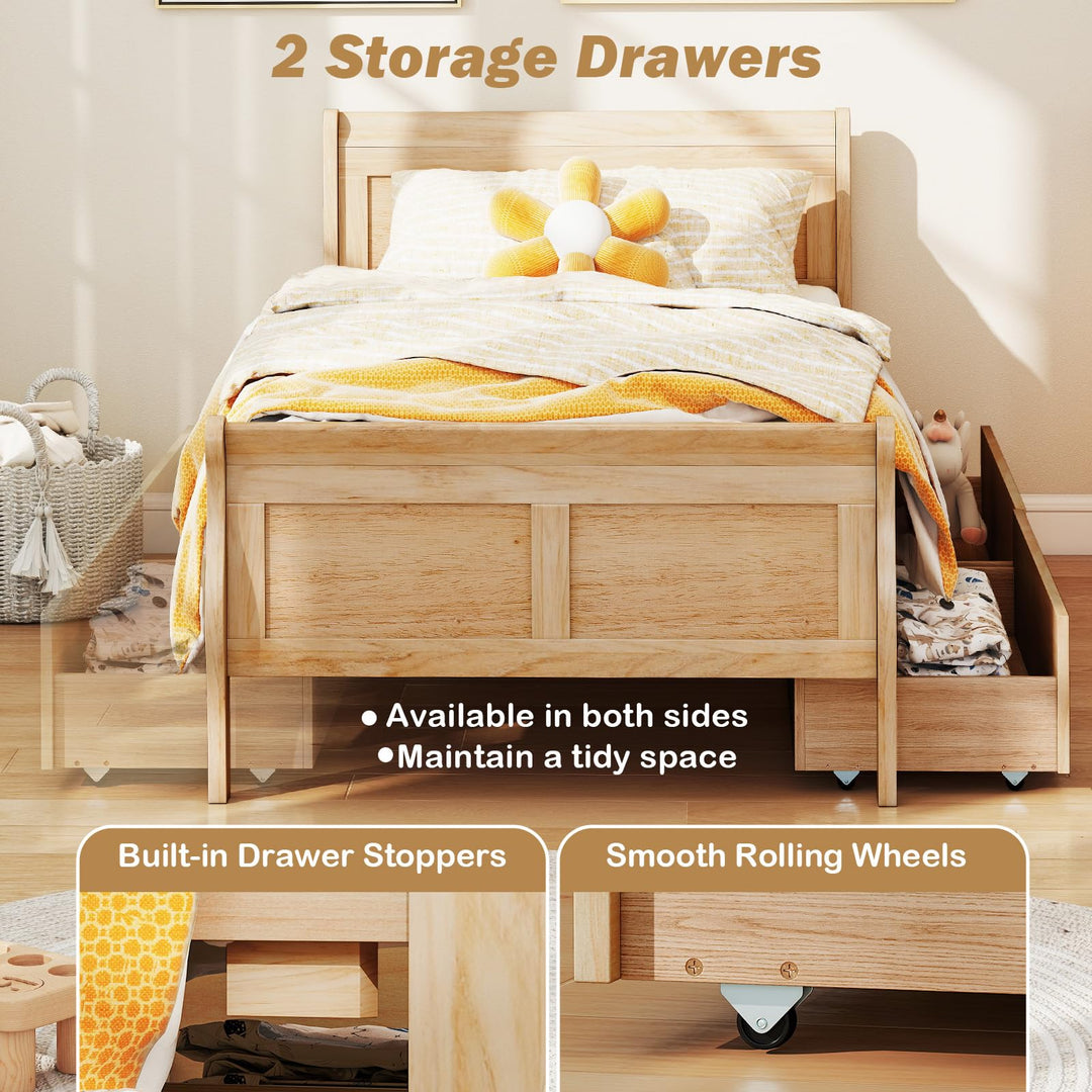 Giantex Twin Bed with 2 Storage Drawers Wood Platform Bed with Headboard & Footboard