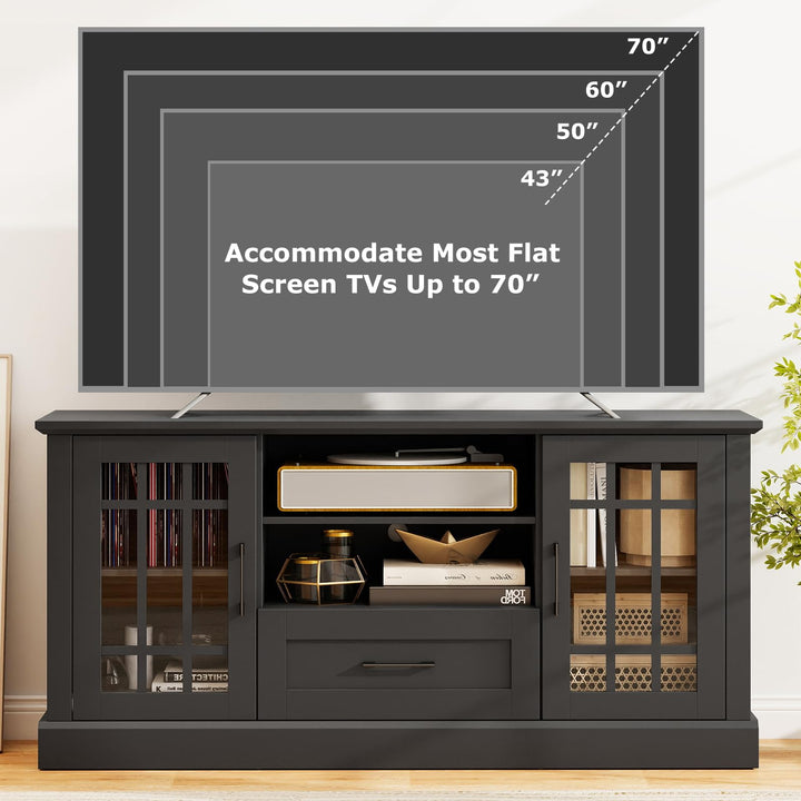 Giantex Farmhouse TV Stand for 65/70 Inch TV with Storage Cabinets & Glass Door