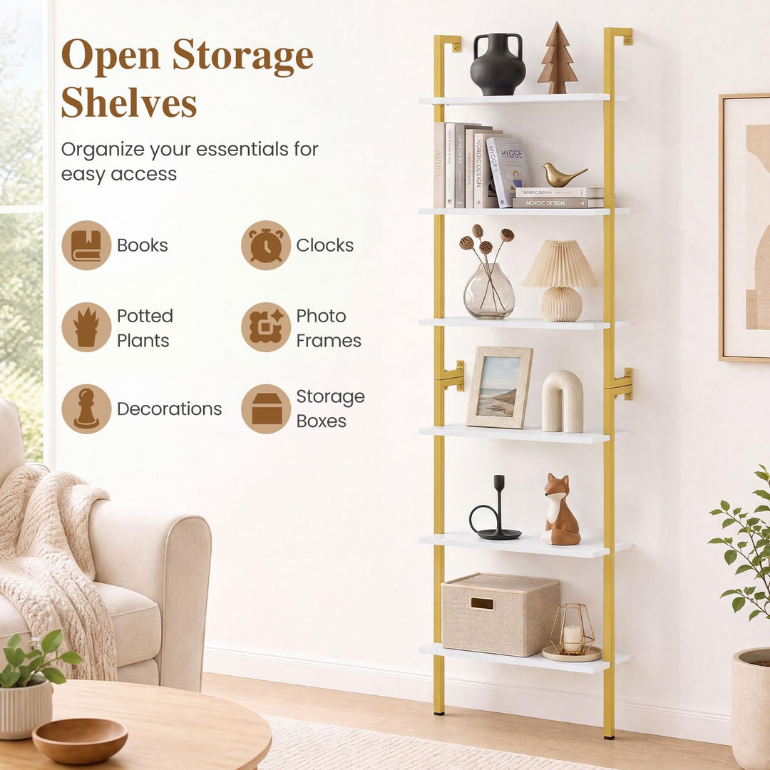 GIANTEX Ladder Shelf | 6-Tier Wall Mounted Bookshelf with Metal Frame (1/2)