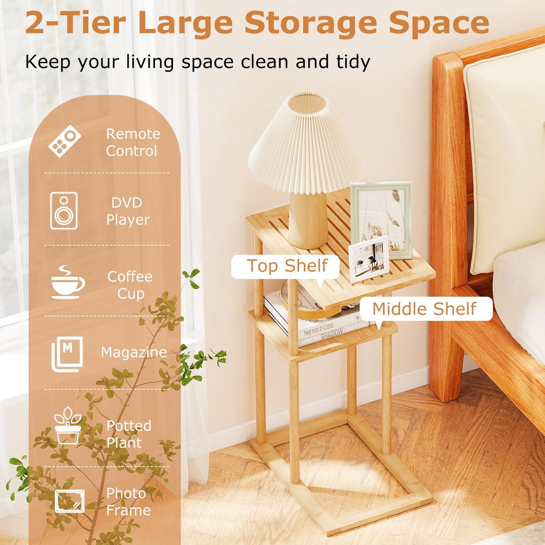 Giantex Side Table Set of 2 with Storage Shelves and Bamboo Construction