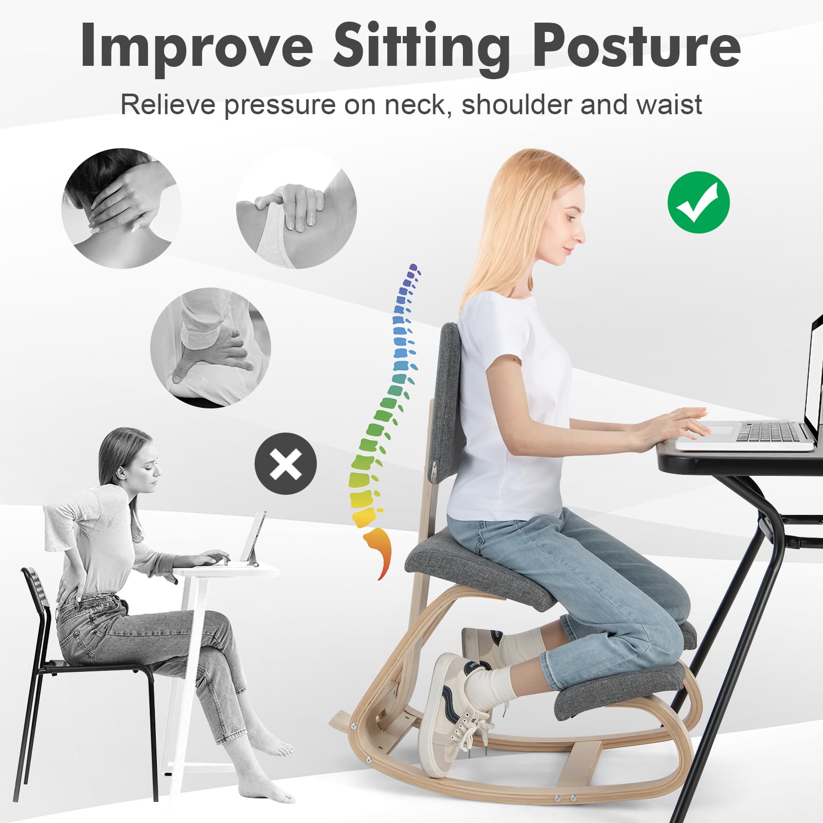 Giantex Ergonomic Kneeling Chair with Backrest, Upright Posture Support Chair with Padded Backrest & Seat