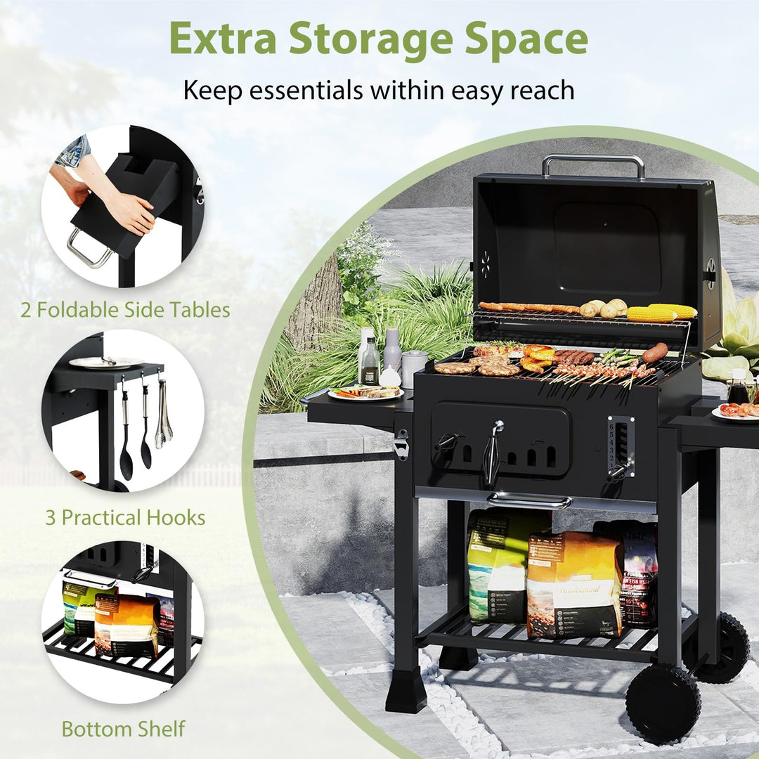 Giantex 24" Charcoal BBQ Grill with Adjustable Charcoal Tray Thermometer Foldable Side Tables