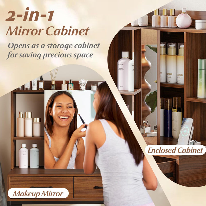 CHARMAID Vanity Desk with Charging Station Mirror Cabinet with Hidden Storage
