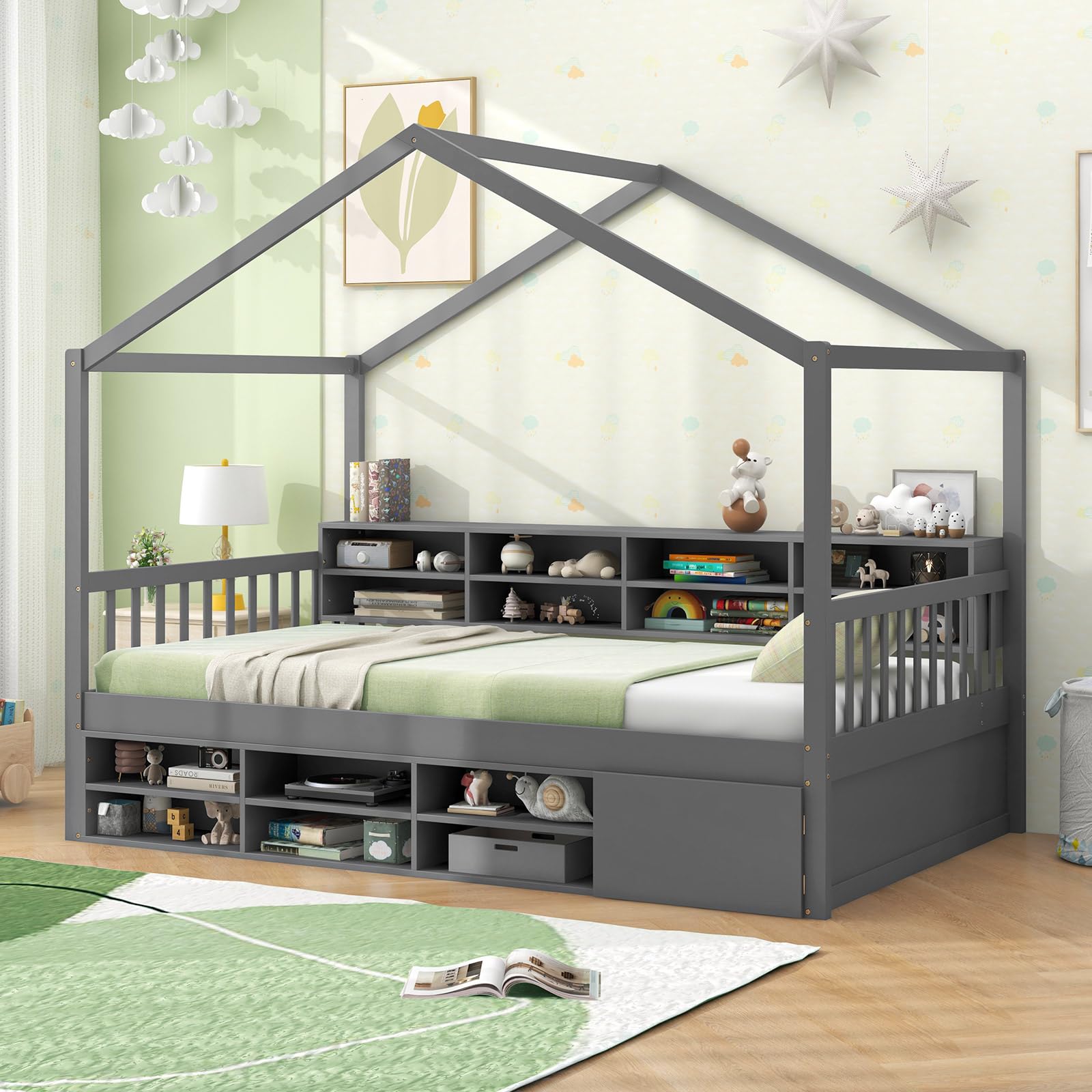 Giantex Twin Size House Bed with Storage, Wooden Montessori House Bed with 14 Storage Cubes