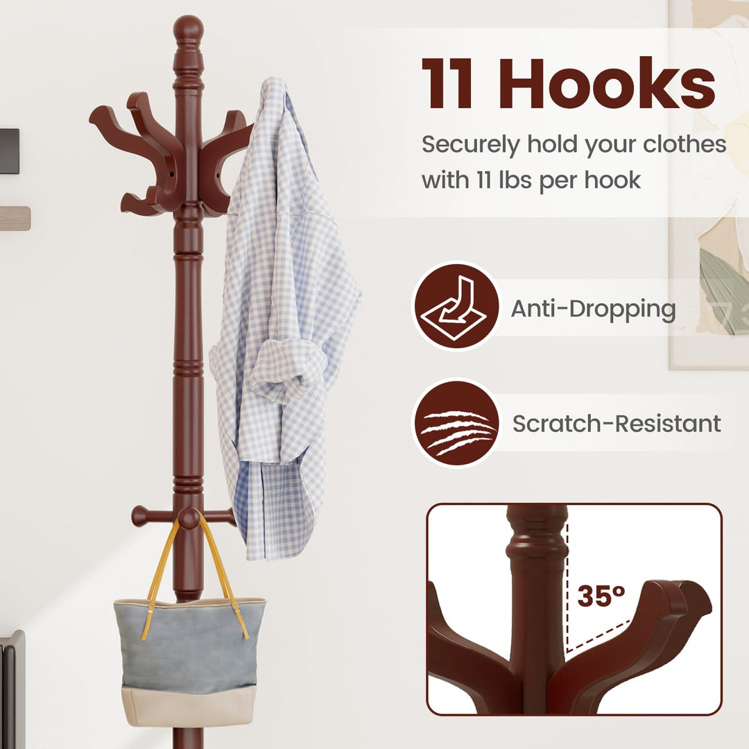 Giantex Solid Wood Coat Rack Freestanding Hall Tree with 3 Adjustable Heights and 11 Hooks