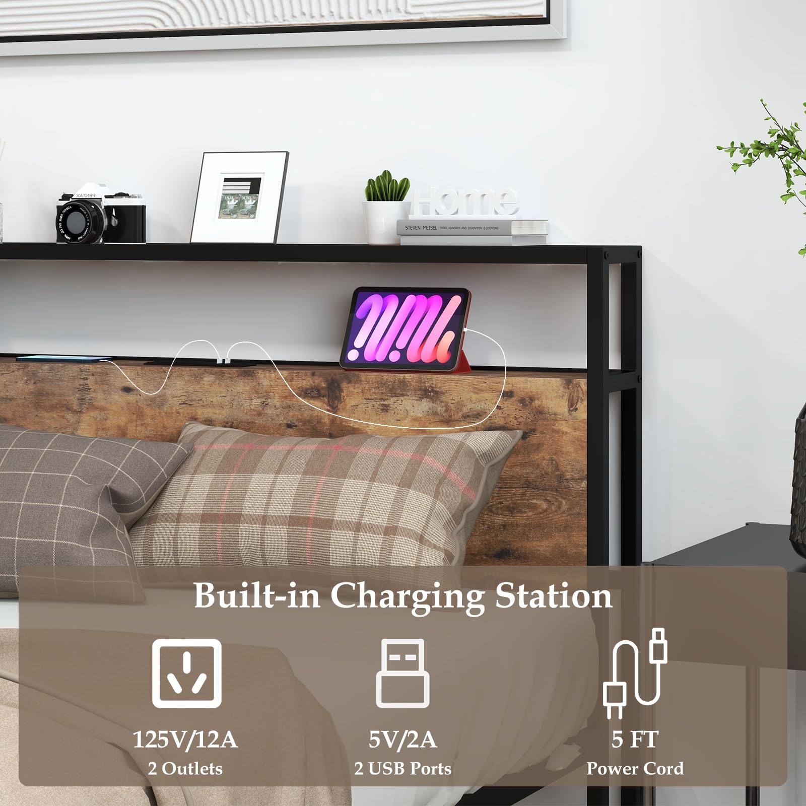 Giantex Full Bed Frame with Storage Headboard and Charging Station, with Outlets and USB Ports