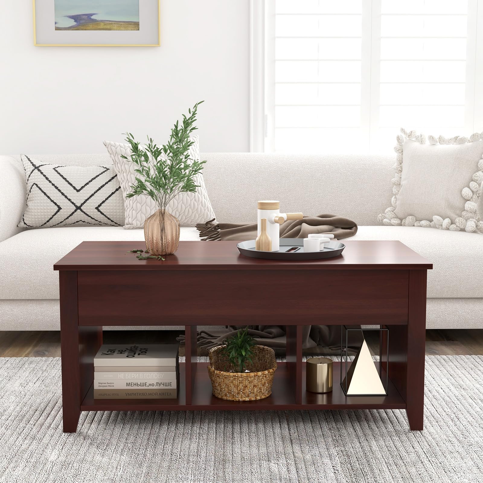 Giantex Lift Top Coffee Table - Rectangular Wooden Table w/Hidden Compartment & Open Storage Shelves