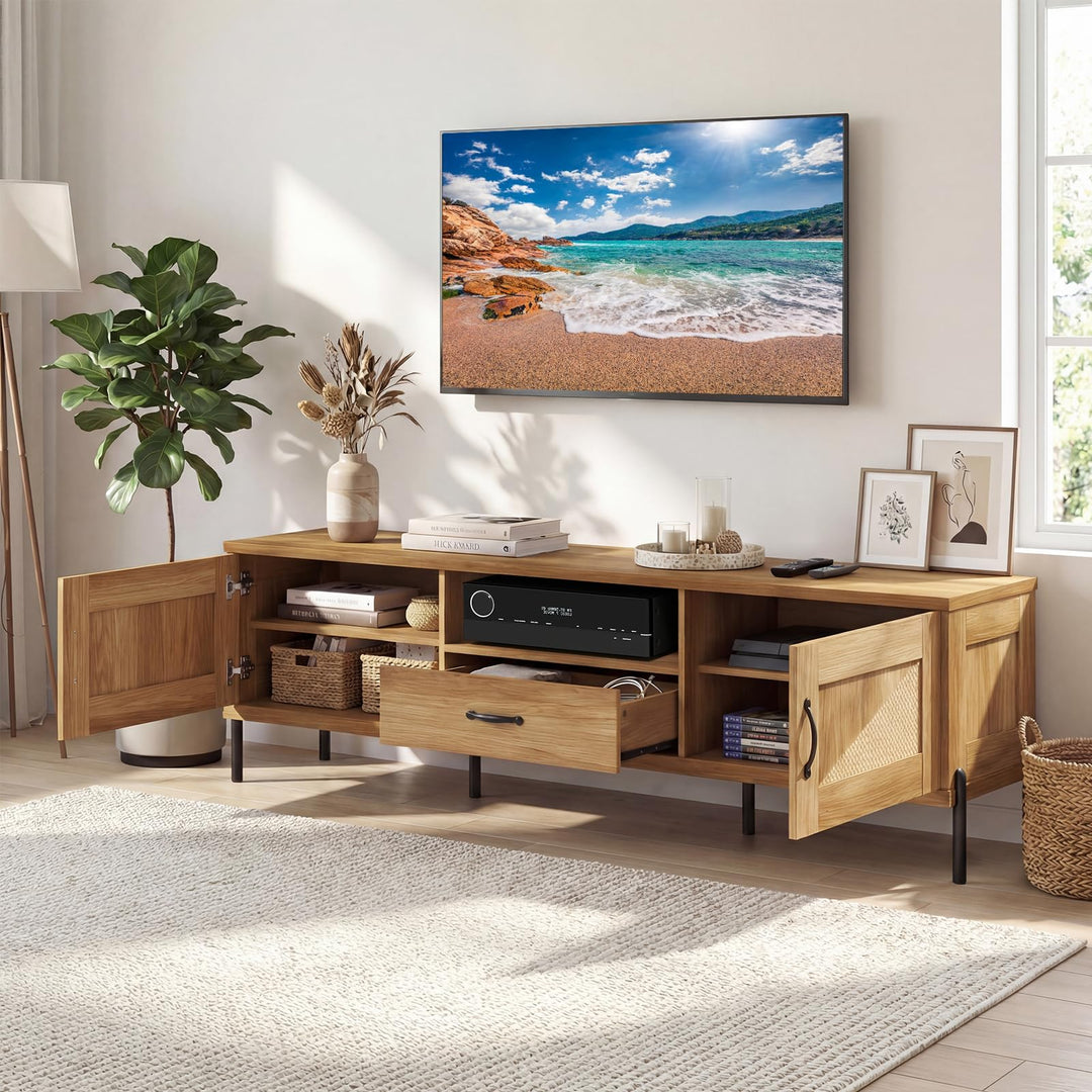 Giantex Mid Century Modern Rattan TV Stand for TVs up to 80"  w/ 2 Storage Cabinets