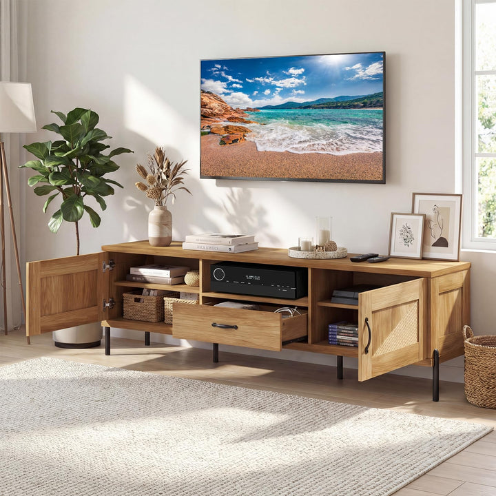 Giantex Mid Century Modern Rattan TV Stand for TVs up to 80"  w/ 2 Storage Cabinets