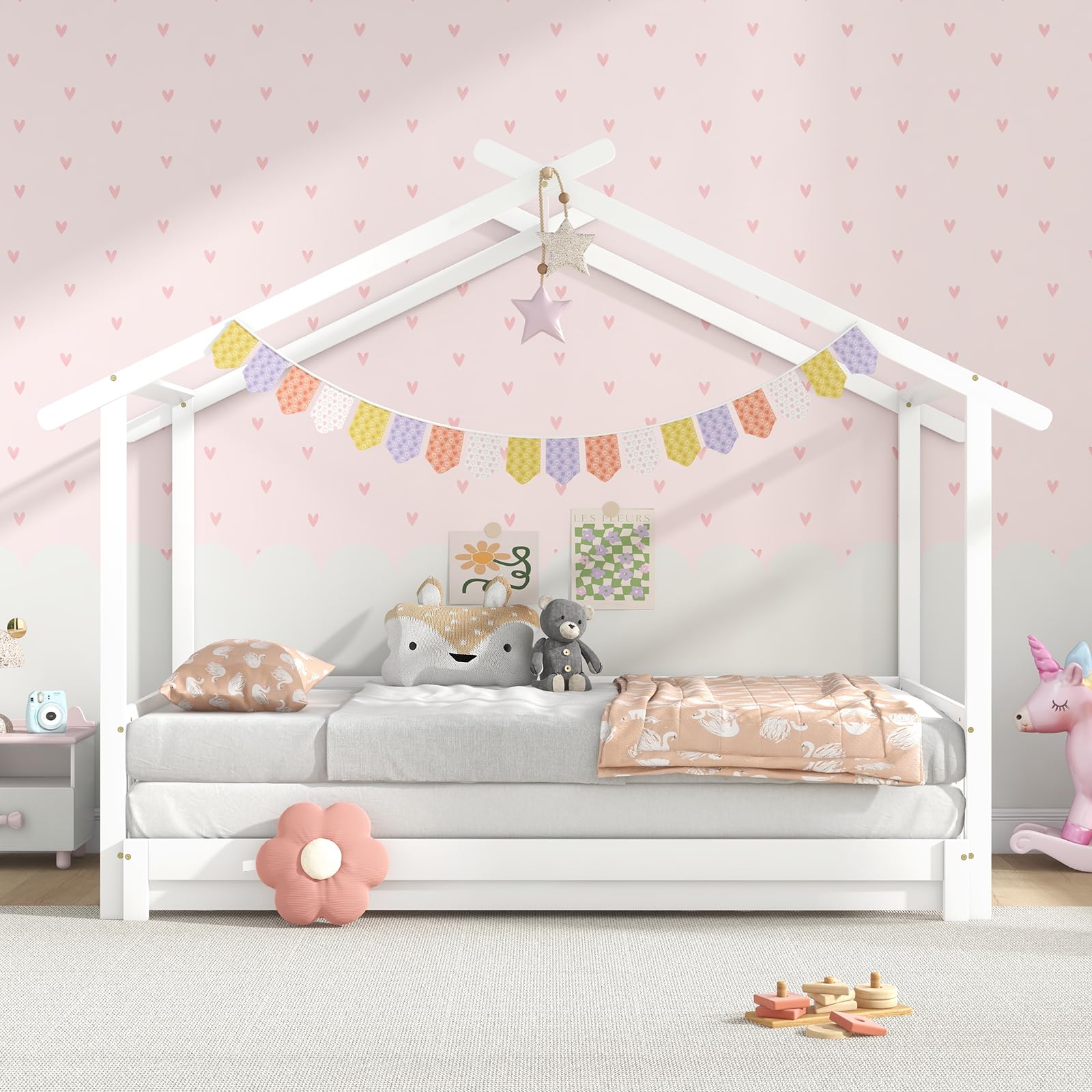 Giantex Extendable House Bed for Kids, Twin to King Daybed with Roof & Fence Rails, Wood Kids Bed Frame for Teens