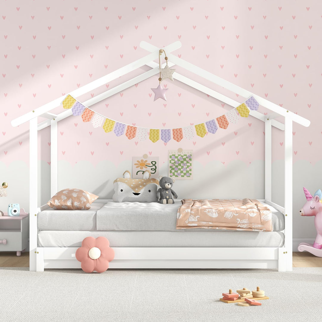Giantex Extendable House Bed for Kids, Twin to King Daybed with Roof & Fence Rails, Wood Kids Bed Frame for Teens