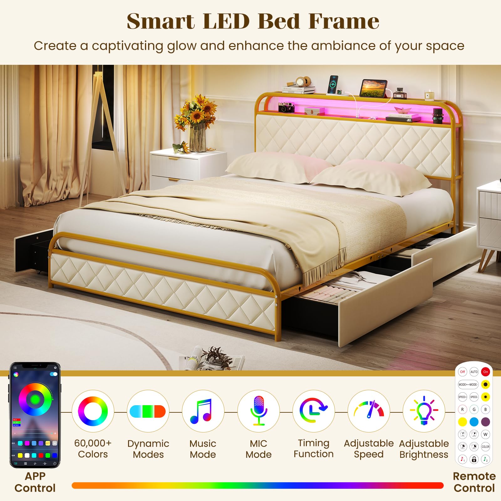 Giantex Bed Frame with 4 Storage Drawers and Charging Station