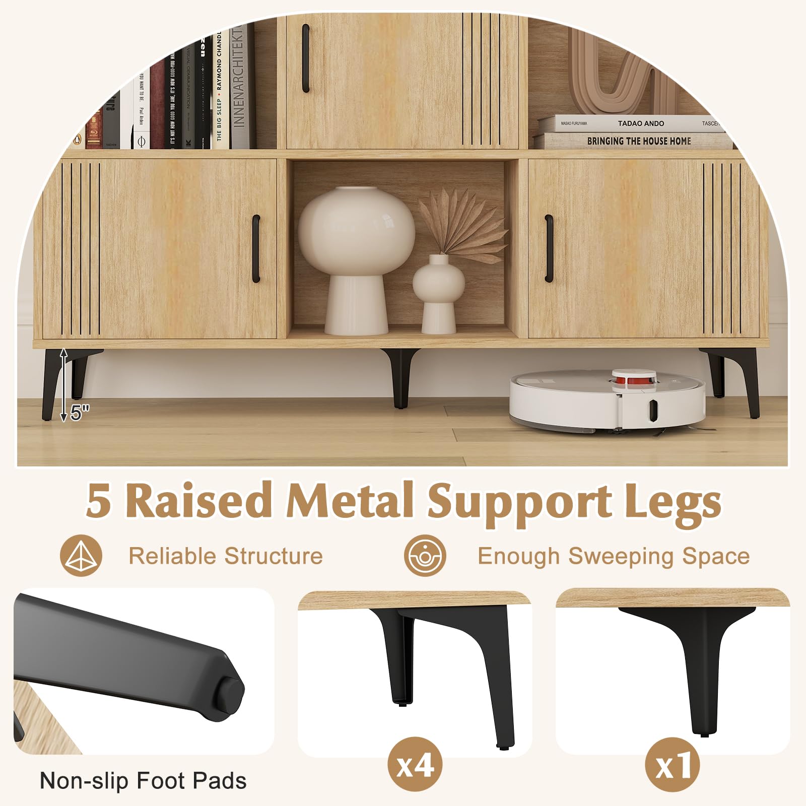 Giantex Storage Cabinet, Sideboard with 3 Doors, 3 Open Compartments, Bookcase with 5 Raised Metal Legs