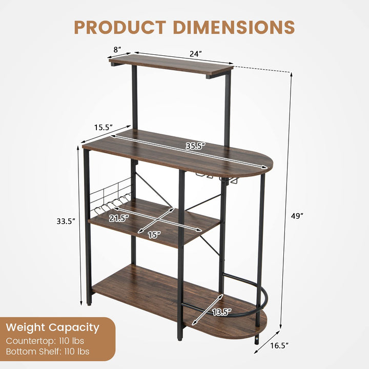 Giantex Kitchen Bakers Rack, 4-Tier Microwave Stand with 6 Hooks & Stemware Racks (Rustic Brown)