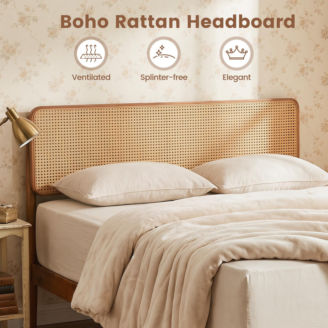 Giantex Wooden Bed Frame Full/Twin/Queen Size with Rattan Headboard