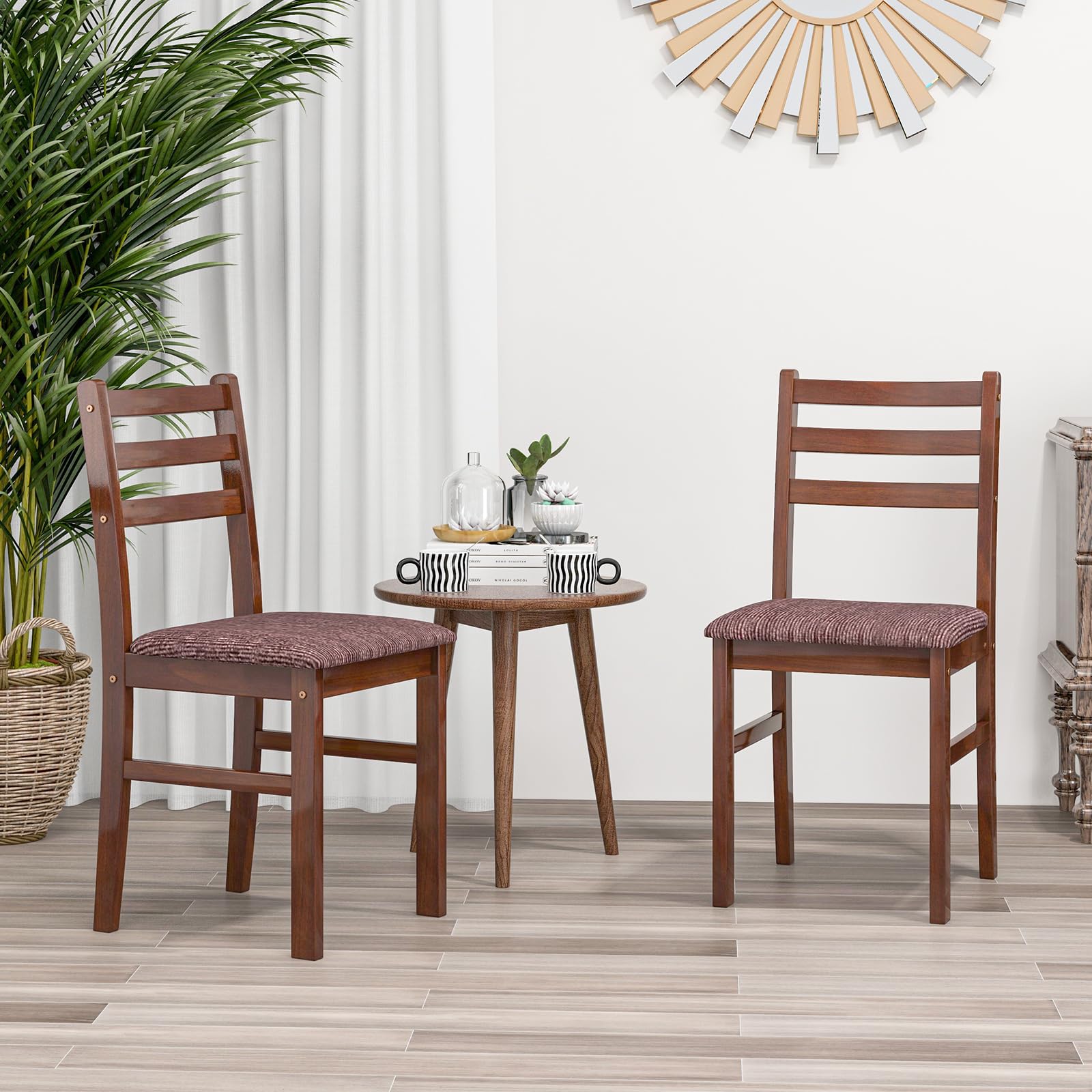 Giantex Wooden Dining Chairs Walnut Set of 4, Farmhouse Kitchen Chairs with Rubber Wood Frame, Mid-Century Dining Chair with Padded Seat