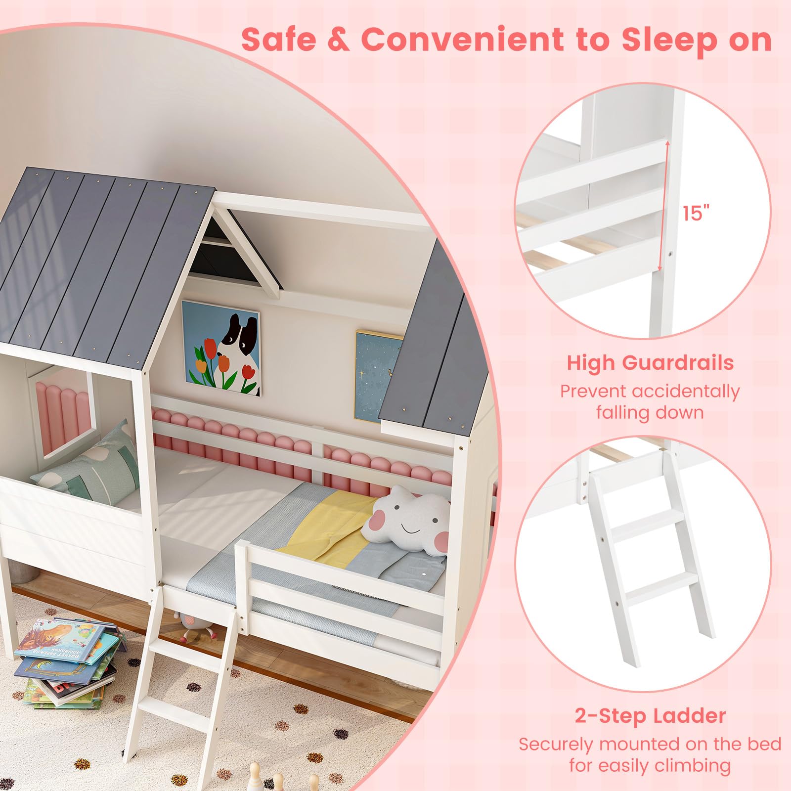 Giantex Twin House Bed Frame, Kids Low Loft Bed Frame with Roof
