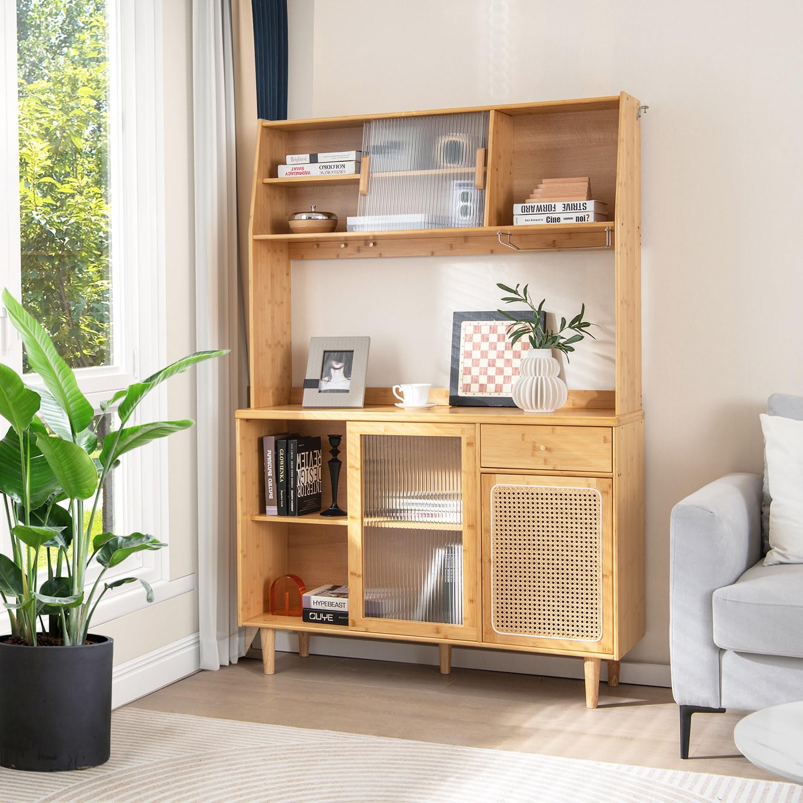 Giantex Pantry Cabinet 69" Bamboo Hutch Cabinet with Storage