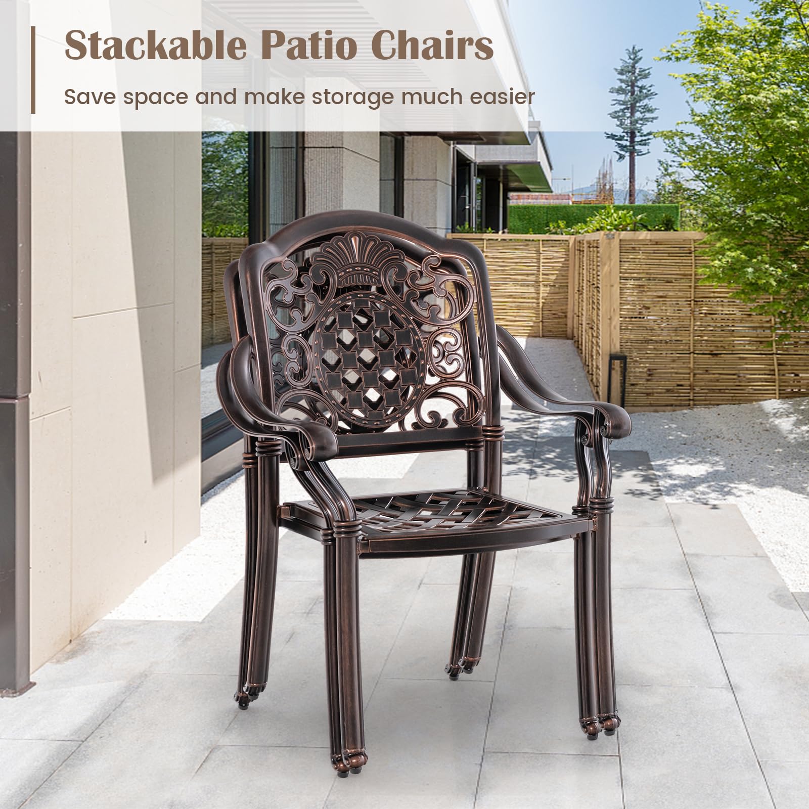 Giantex Patio Chairs Set of 2, Easy Assembly Stackable Cast Aluminum Outdoor Chairs with Armrest & Adjustable Footpads