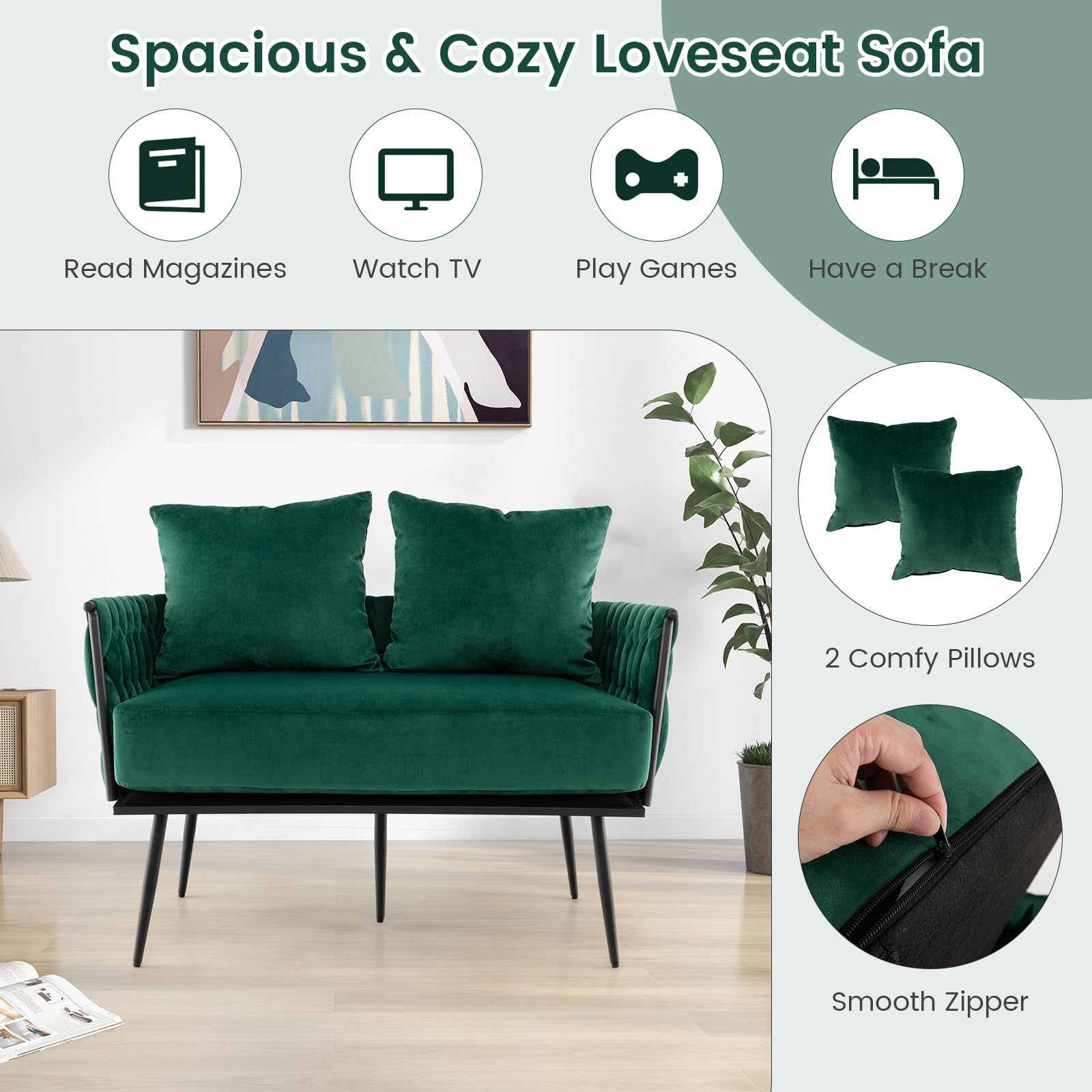 Giantex Loveseat Sofa, Upholstered 2 Seat Sofa Couch with Dutch Velvet, Woven Back and Arms, 2 Pillows