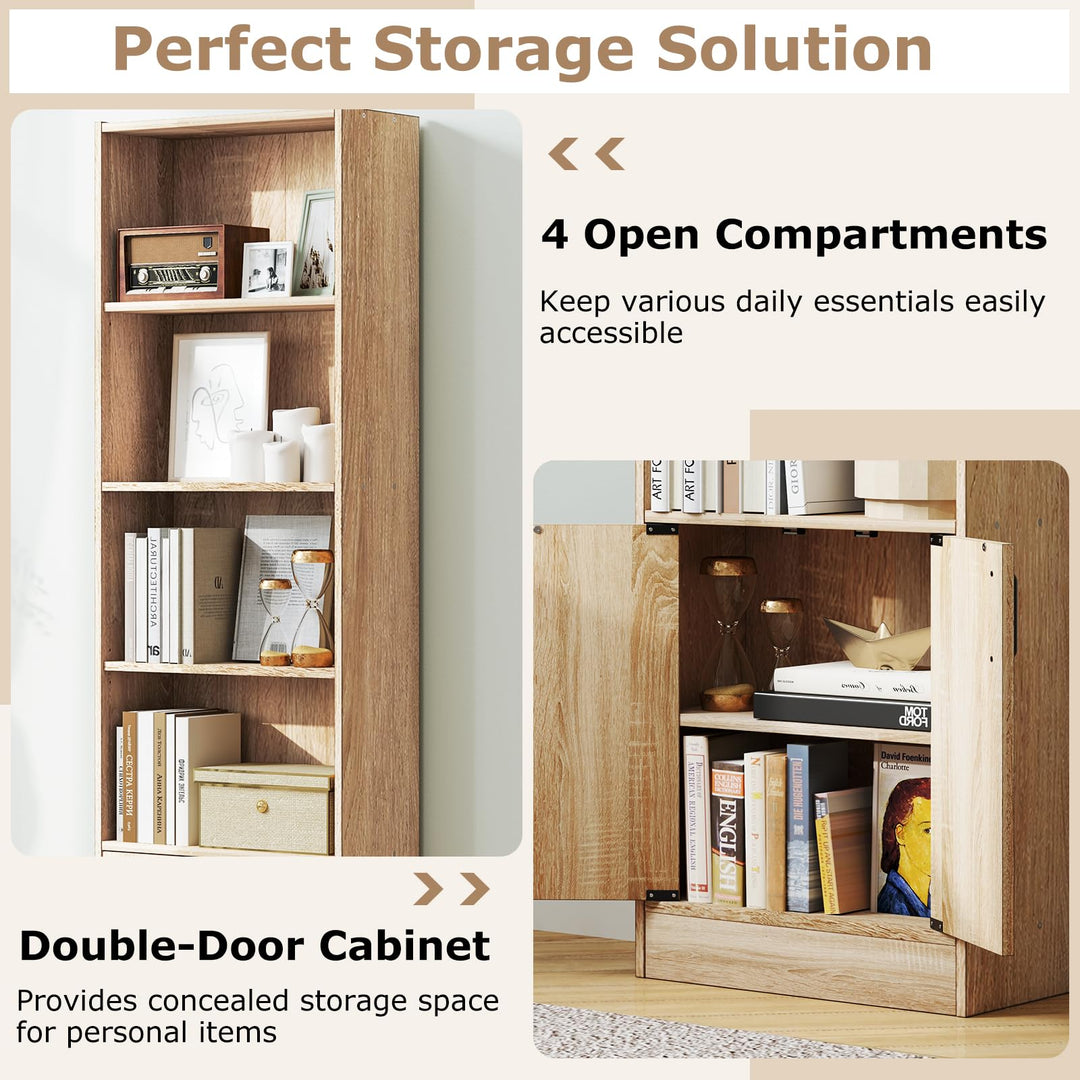 Giantex 6-Tier Bookshelf with Double Doors, 71" Tall Bookcase w/ 4 Open Cubes & 3 Adjustable Shelves