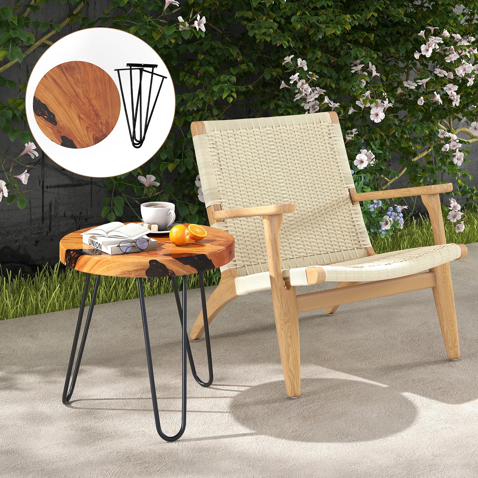 Giantex Outdoor Side Table Teak Wood - 20” Round End Table with Epoxy Resin Tabletop