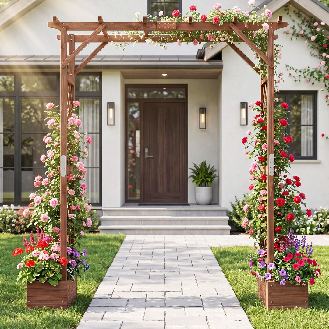 Giantex 87in Tall Wooden Garden Arbor with Planter Boxes &amp; Hanging Roof