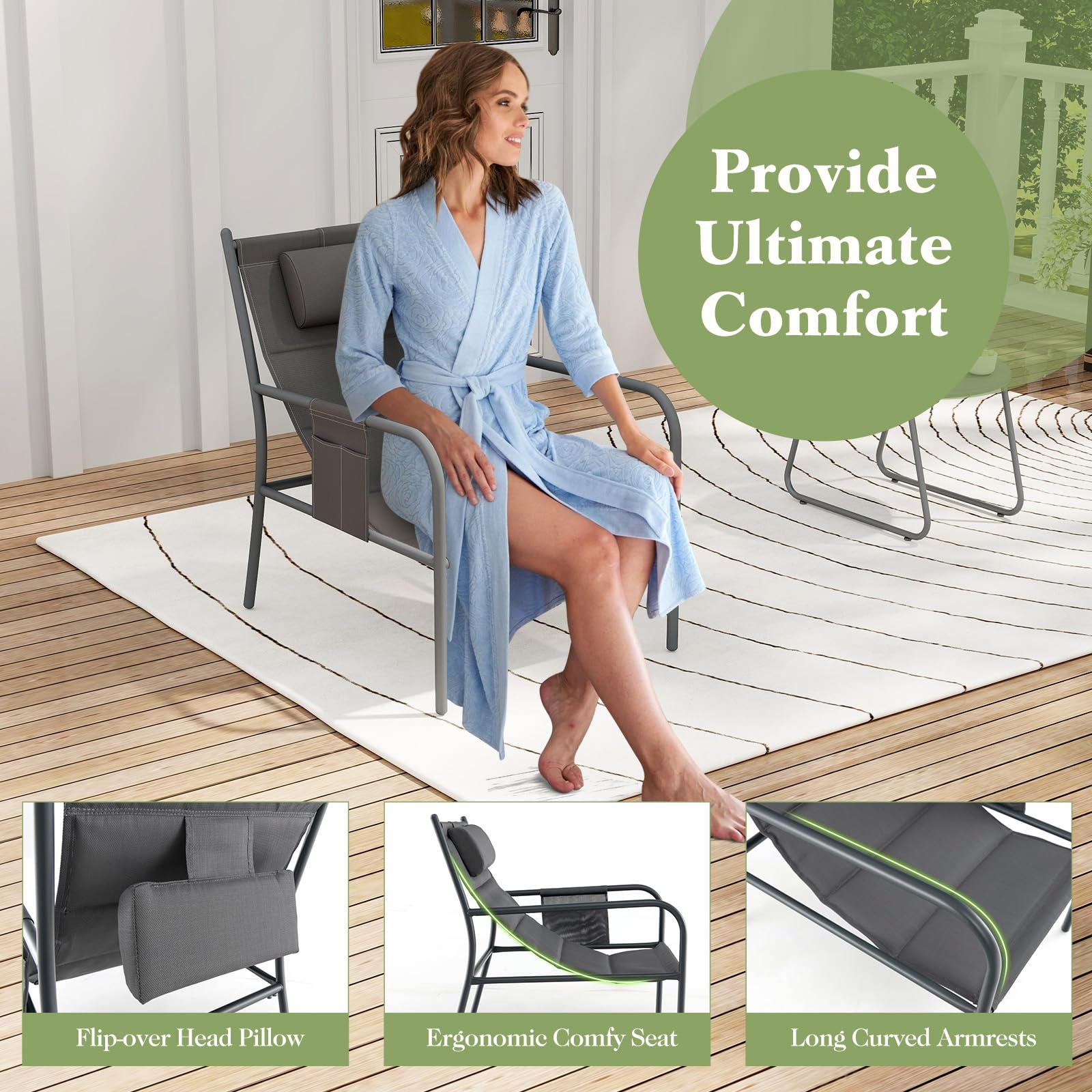 Giantex 3 Piece Patio Bistro Set, Outdoor Metal Chairs Set of 2 with Coffee Table, Breathable Fabric Seats