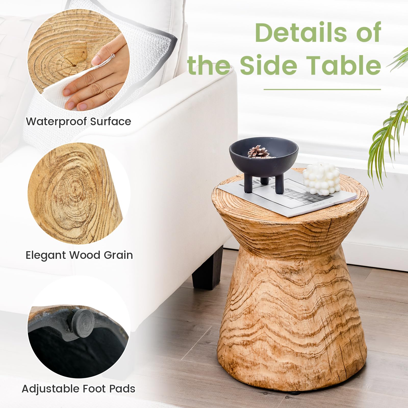 Giantex Hourglass-Shaped Outdoor Side Table - 14.5”D x 17”H Hollow Garden Stool W/Wood Grain