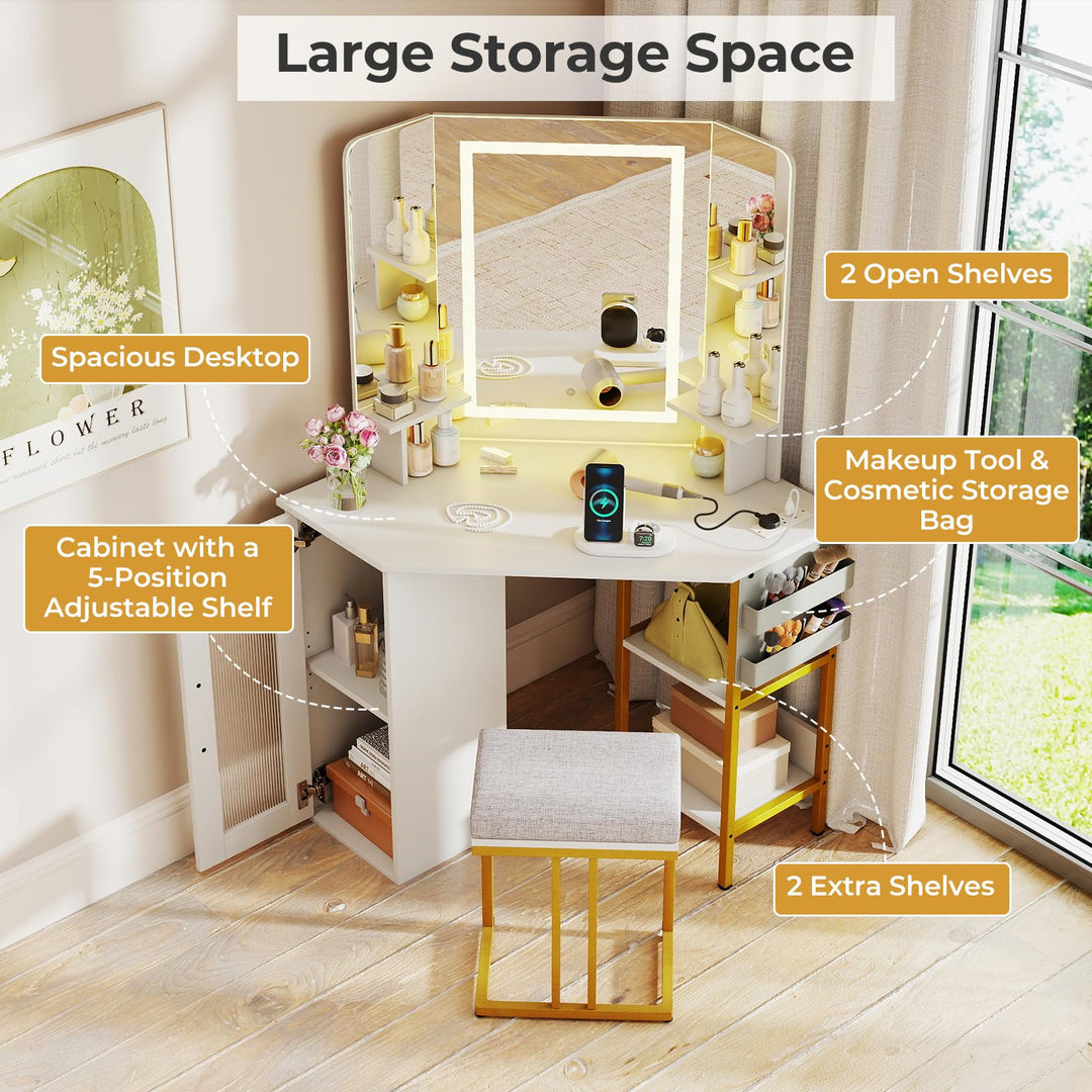 CHARMAID Corner Vanity Desk with Lighted Tri-Fold Mirror | Space Saving Dressing Table with Stool CHARMAID Corner Vanity Desk with Lighted Tri-Fold Mirror | Space Saving Dressing Table with Stool