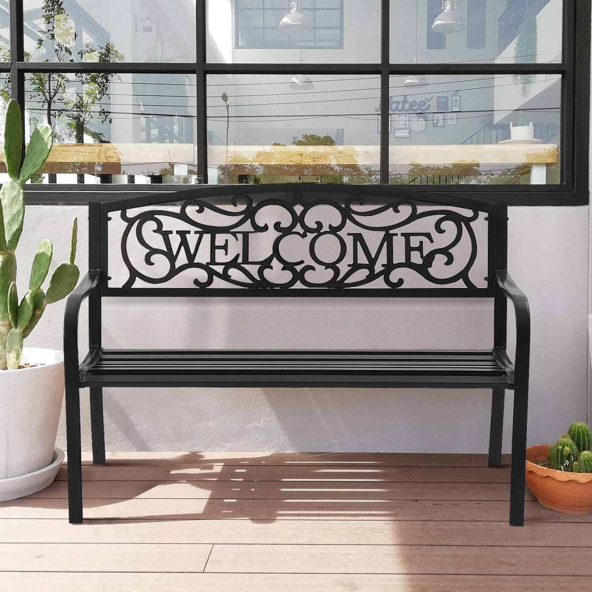 Giantex Garden Bench, Antique Metal Outside Bench w/Warm Welcome Pattern