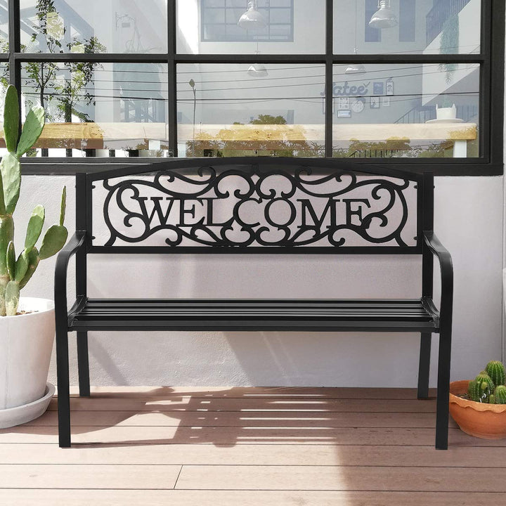 Giantex Garden Bench, Antique Metal Outside Bench w/Warm Welcome Pattern
