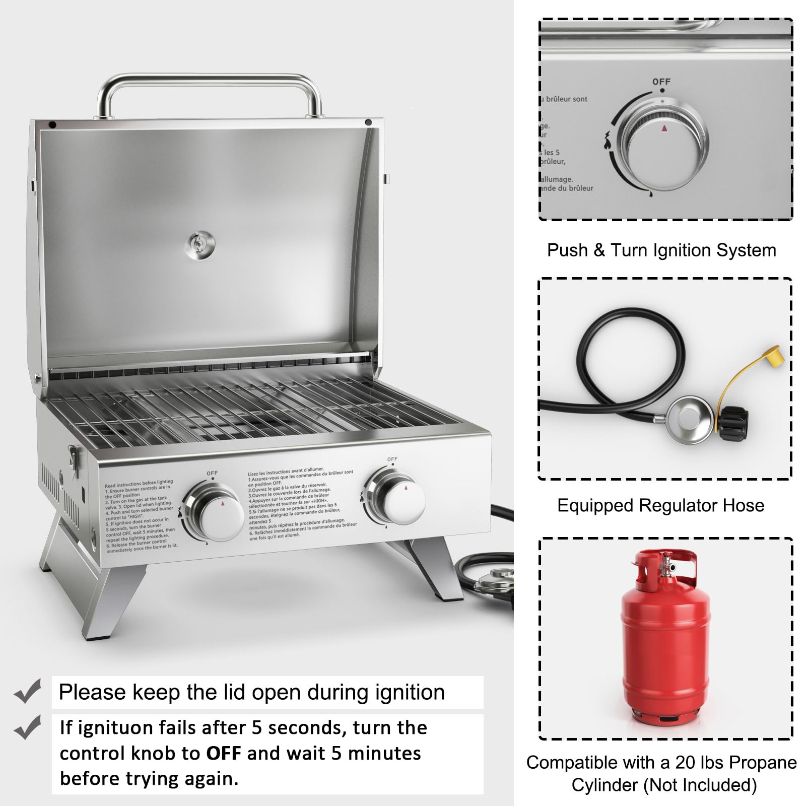 Giantex Portable Gas Grill - Tabletop Propane Grill with 2 Burners, 20,000 BTU total, Built-in Thermometer