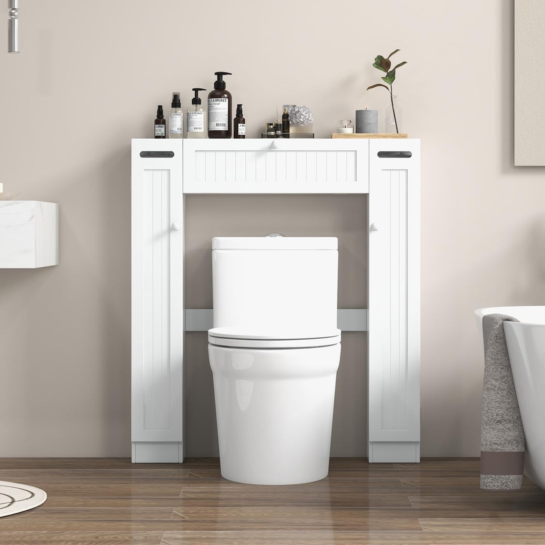 Over-The-Toilet Rack Bathroom Shelf Storage Cabinet Wooden Drop Door Freestanding Spacesaver Improvements, White