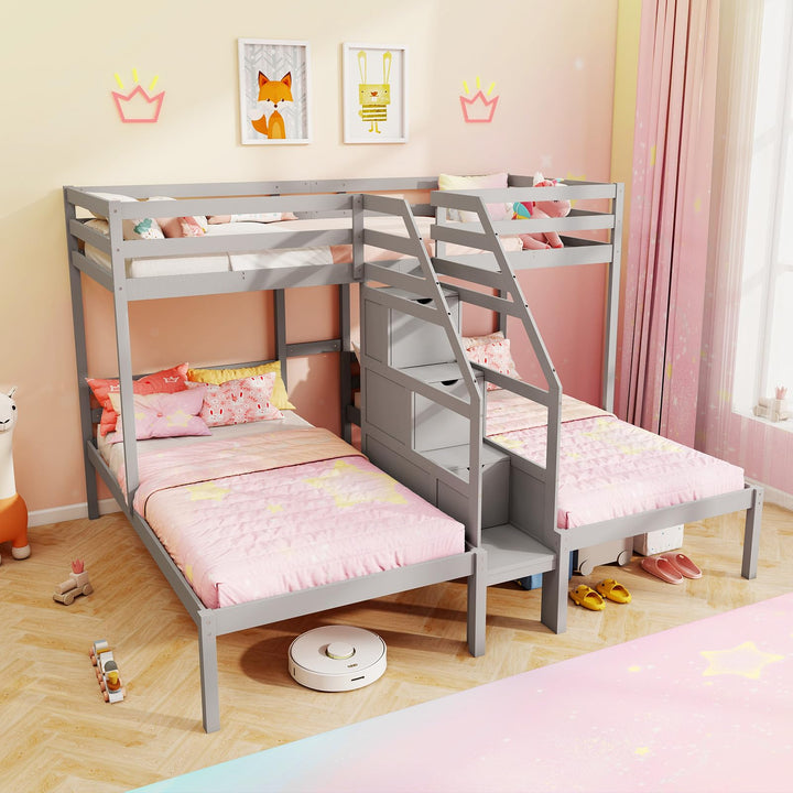 Giantex Twin Over Twin & Twin Bunk Bed Triple Bunk Beds with 4-Step Storage Stair