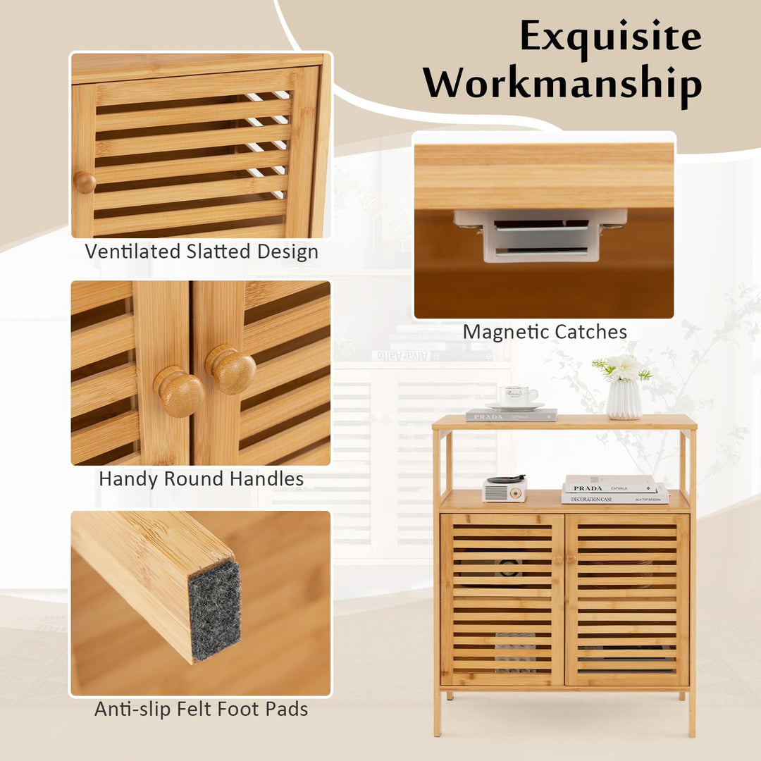 Giantex Storage Cabinet, Bamboo Bathroom Floor Cabinet with Double Louvered Doors