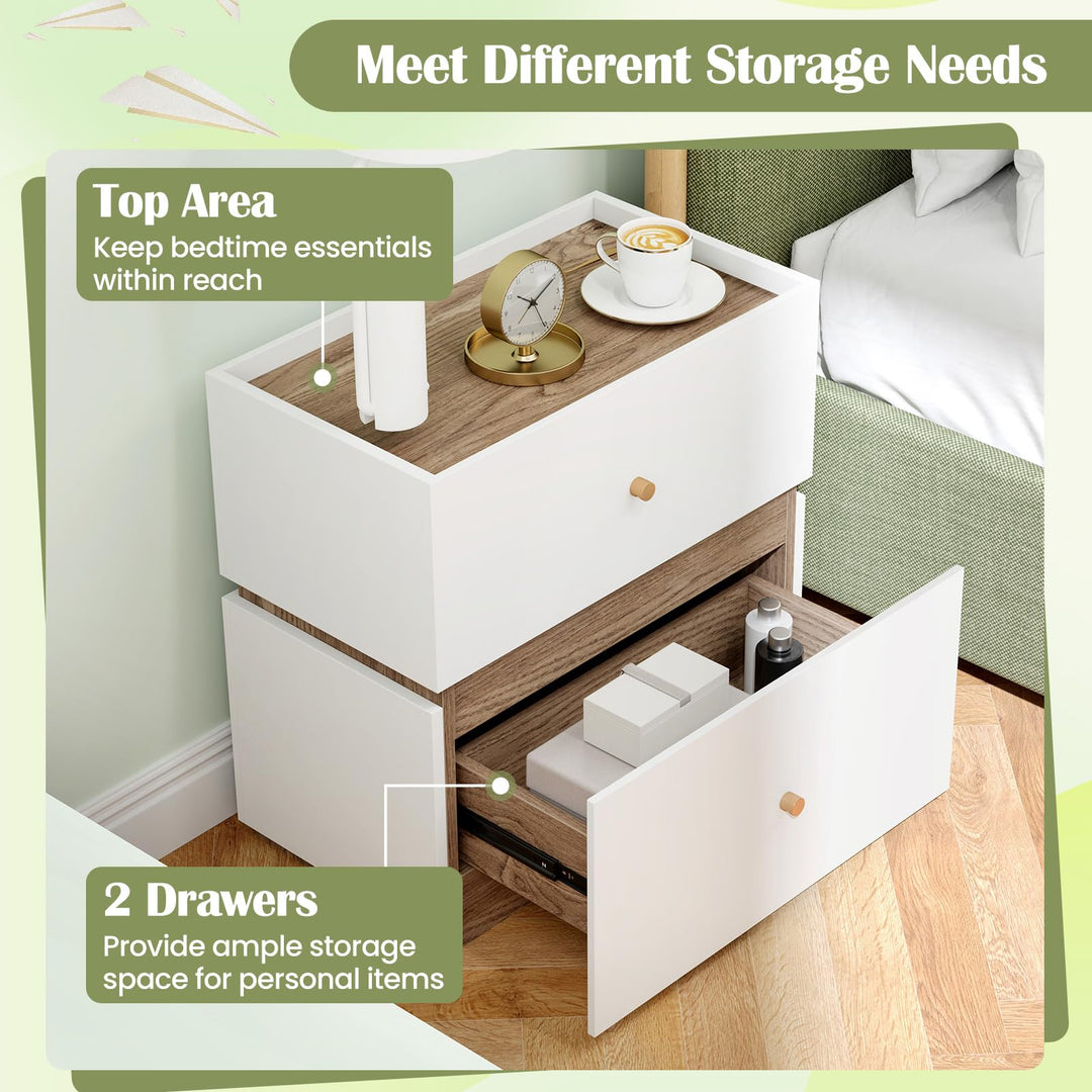 Giantex Modern Nightstand with 2 Storage Drawers, Wooden Night Stand with Raised Edge