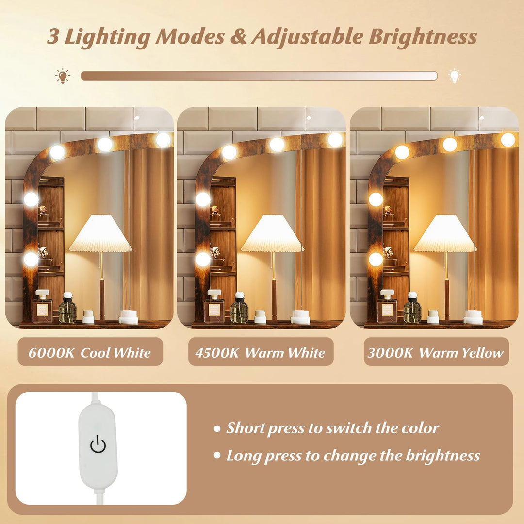 Giantex Vanity Desk Makeup Table with Stool 3-Color Lights and Charging Station