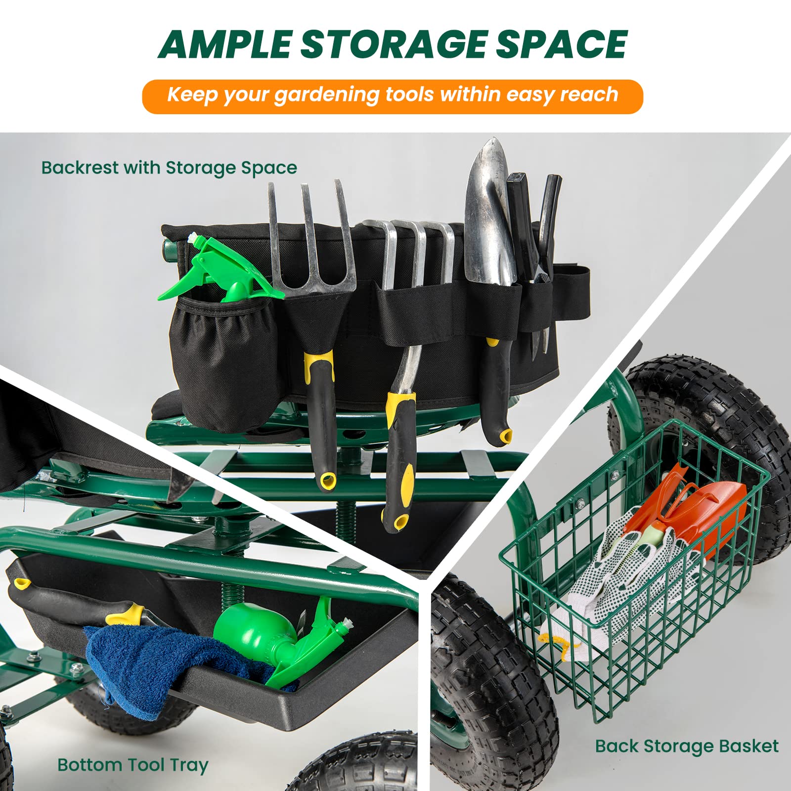 Giantex Garden Cart, Rolling Workseat with 4 Wheels, Tool Tray, Removable Cushion, Storage Basket