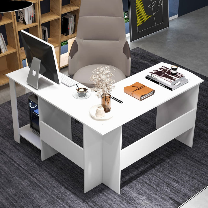 Giantex L Shaped Computer Desk, 51" Large Corner Desk with 2 Cable Holes & 2 Storage Shelves, White