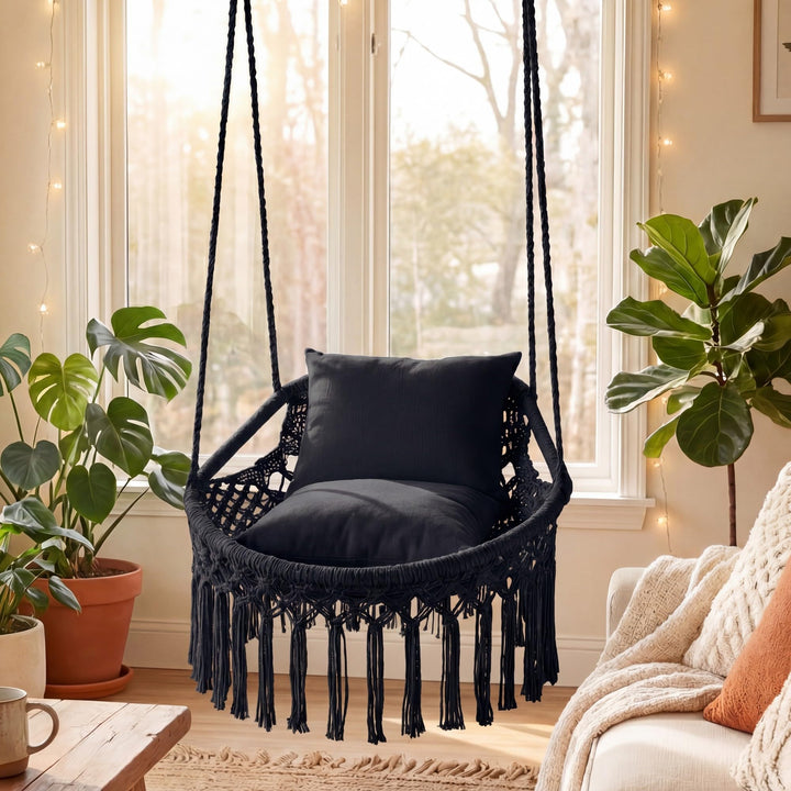 Giantex Macrame Hammock Chair w/Removable Cushions &amp; Sturdy Metal Ring