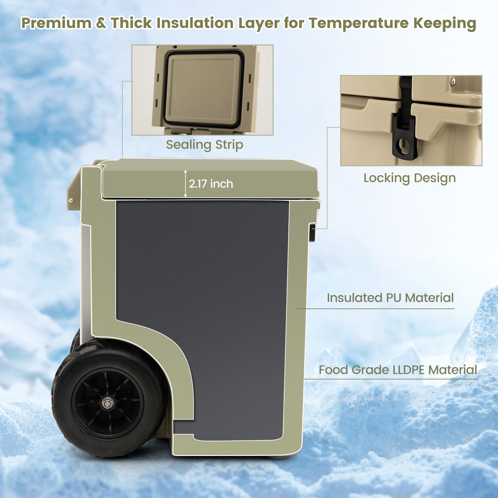 Giantex Cooler with Wheels, 45 Quart Rolling Cooler with All Terrain Wheels